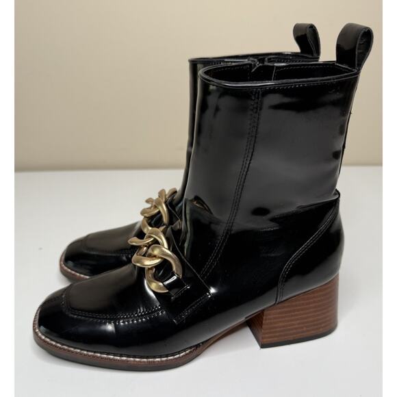 Steve Madden Loreen Boot Womens 8M Black Faux Patent Leather Square Toe Side Zip - Picture 1 of 8